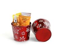 5  tin pot translucent red w embossed white snowflakes