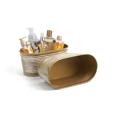 10.5" Metal Oval Tub Ribbed Gold White Horizontal Stripes