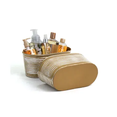 10.5" Metal Oval Tub Ribbed Gold White Horizontal Stripes