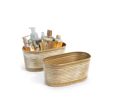 10.5" Metal Oval Tub Ribbed Gold White Horizontal Stripes