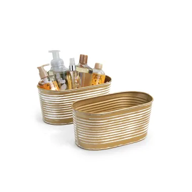 10.5" Metal Oval Tub Ribbed Gold White Horizontal Stripes