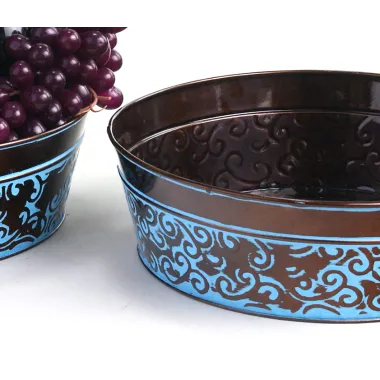 12" Metal Round Tub Dk Brown w/ Blue Swirl