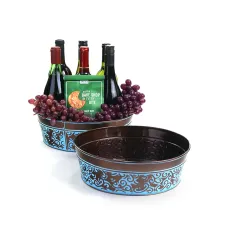 12" Metal Round Tub Dk Brown w/ Blue Swirl