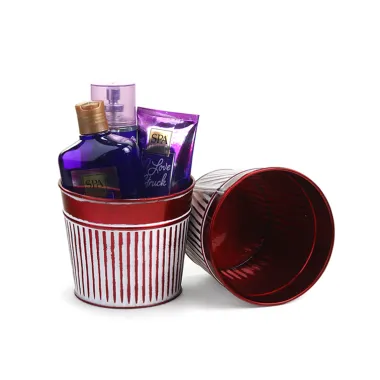 5"  Tin Pot Translucent Red with white vertical ribbing 
