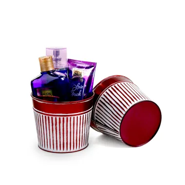 5"  Tin Pot Translucent Red with white vertical ribbing 