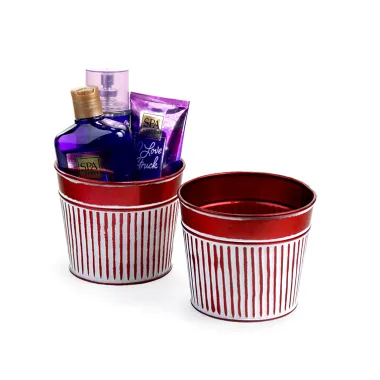 5"  Tin Pot Translucent Red with white vertical ribbing 